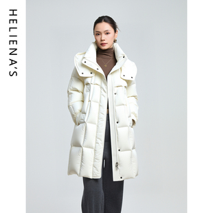 海兰丝90鸭绒羽绒服气质通勤中长款连帽羽绒服女冬季保暖外套