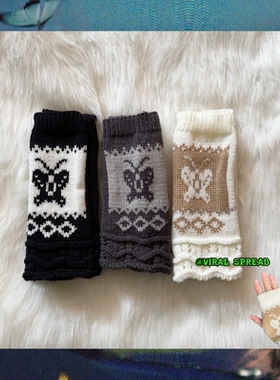 VIRAL SPREAD 复古y2k辣妹蝴蝶针织毛线半指手套 提花手套包邮