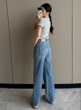 好穿~莱赛尔四面弹窄版直筒牛仔裤女2026春夏款高腰显瘦阔腿长裤