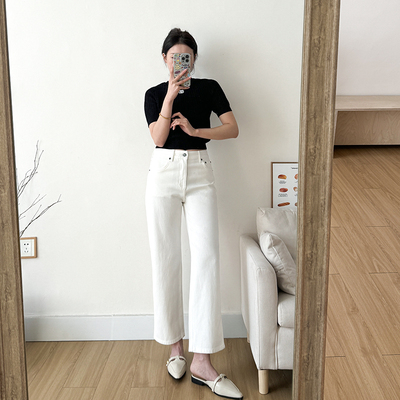 四面弹白色直筒牛仔九分裤
