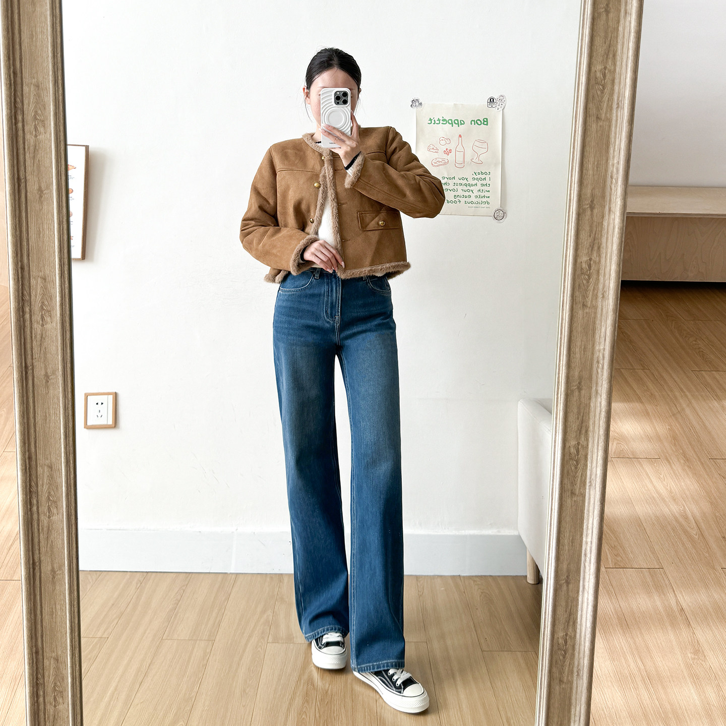 加绒~保暖植绒直筒牛仔裤女长裤