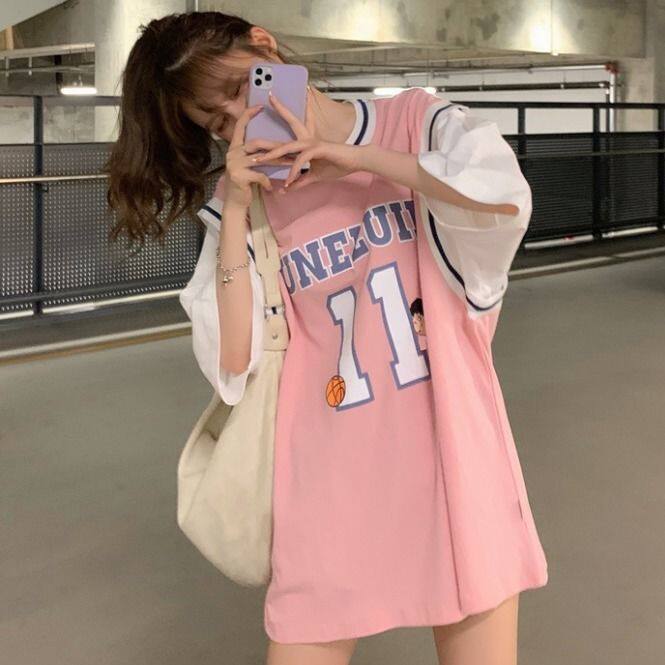假两件篮球服t恤女2022新款球衣短袖学生韩版宽松中长款ins潮性感