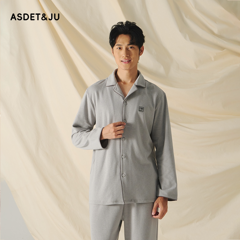 男基础翻领长袖长裤家居服睡衣套