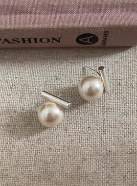 一字优亮珍珠耳钉女韩国小众复古简约百搭气质高级耳饰耳环女