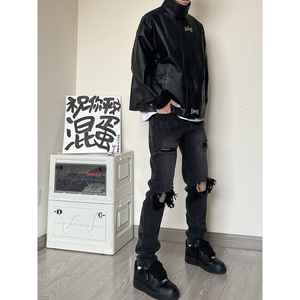 OK20*P60~直播高品质~春夏款复古猫须划破水洗破洞牛仔裤控88,白色男装短袖怎么搭配图片