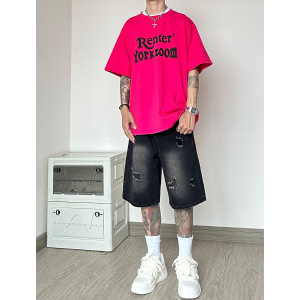 OK21*P50 高街美式复古破洞牛仔短裤 直筒宽松痞帅穿搭氛围感图片