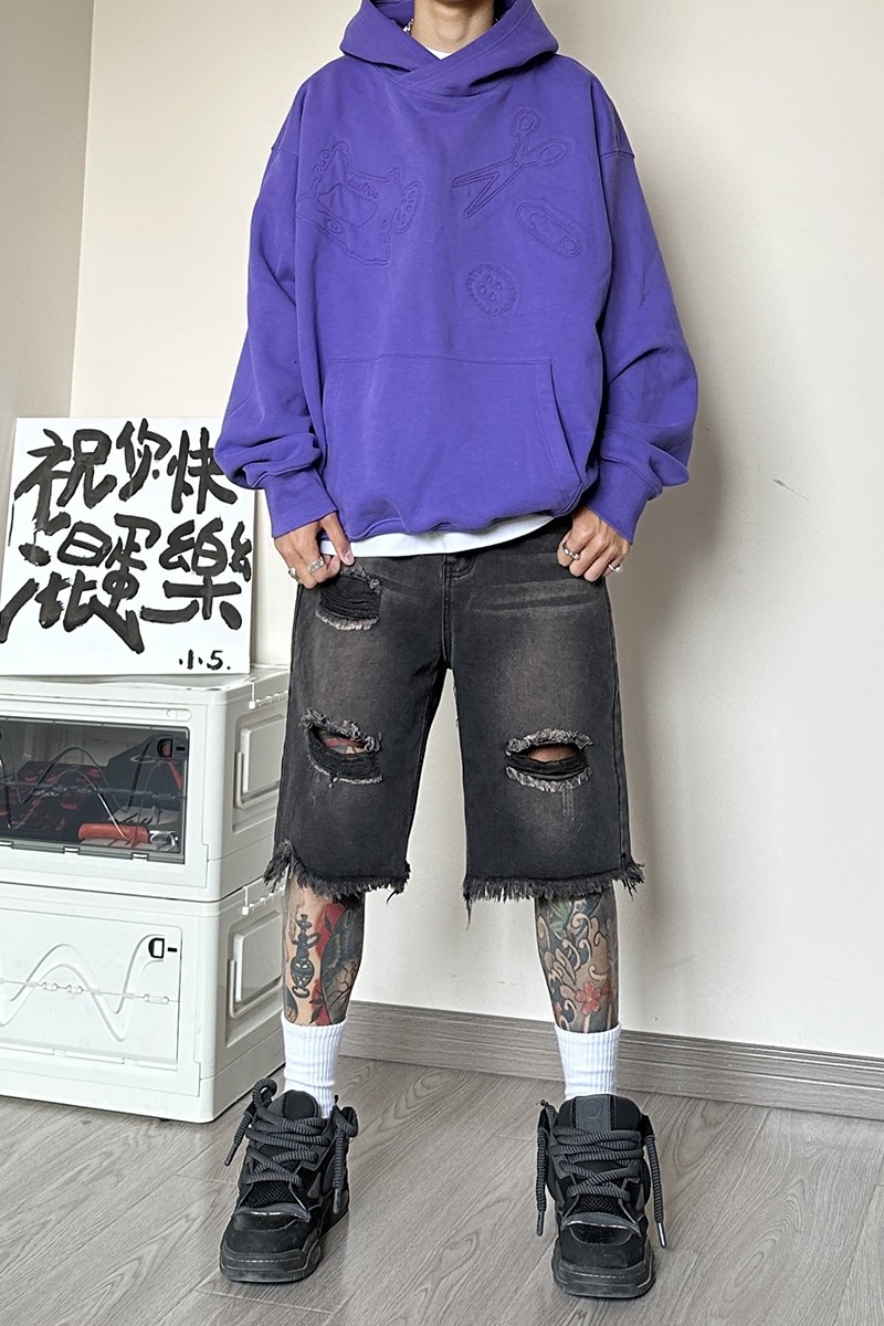 WH92*P48严选直播品质夏破洞水洗牛仔直筒宽松五分裤休闲短裤男,男装牛仔裤,电商A007-3