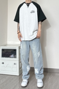 W04*P68 控88元~四季款百搭休闲直筒宽松牛仔裤贴布小众设计潮裤图片