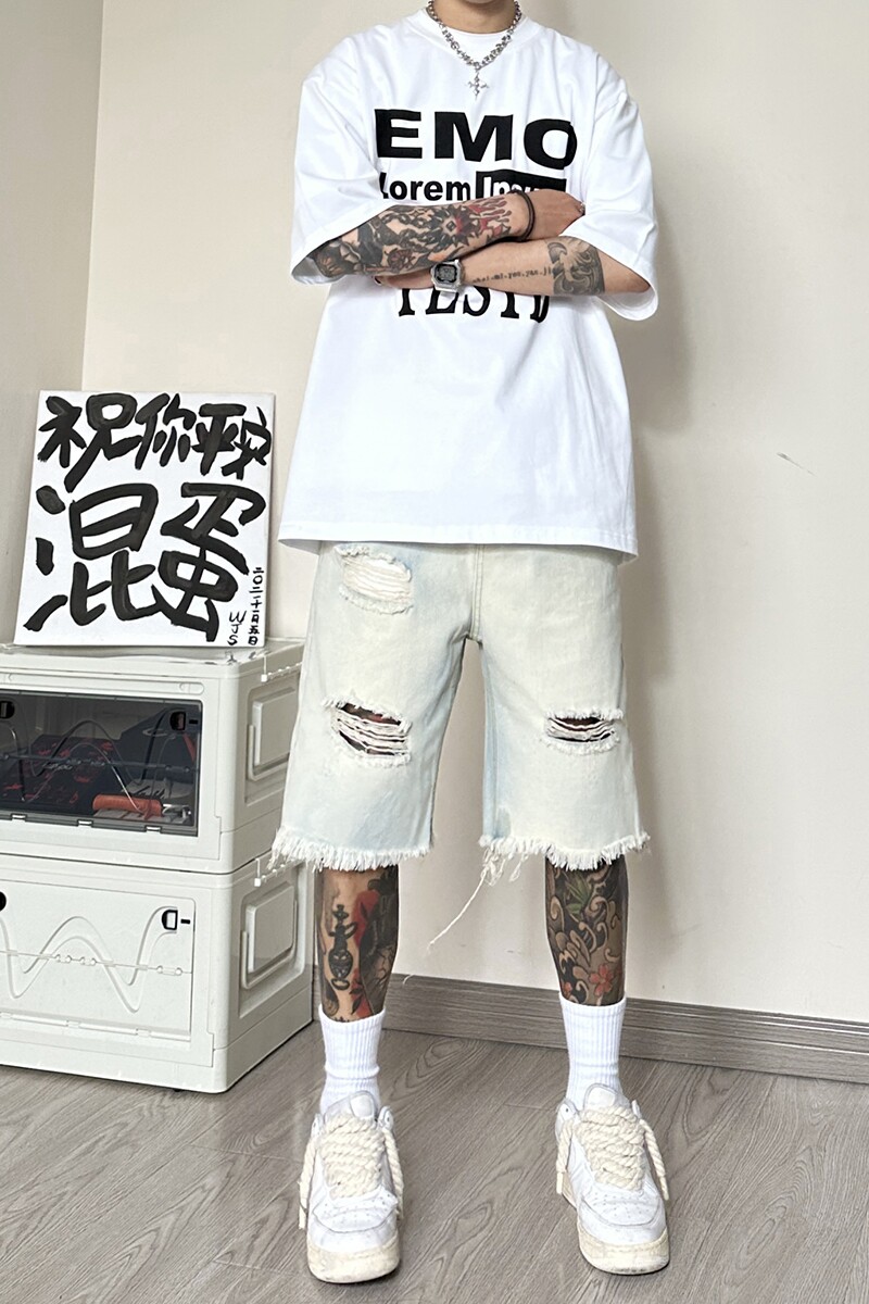 WH92*P48高街美式复古~无性别穿搭破洞水洗牛仔直筒宽松五分裤男,男装牛仔裤,电商A007-3