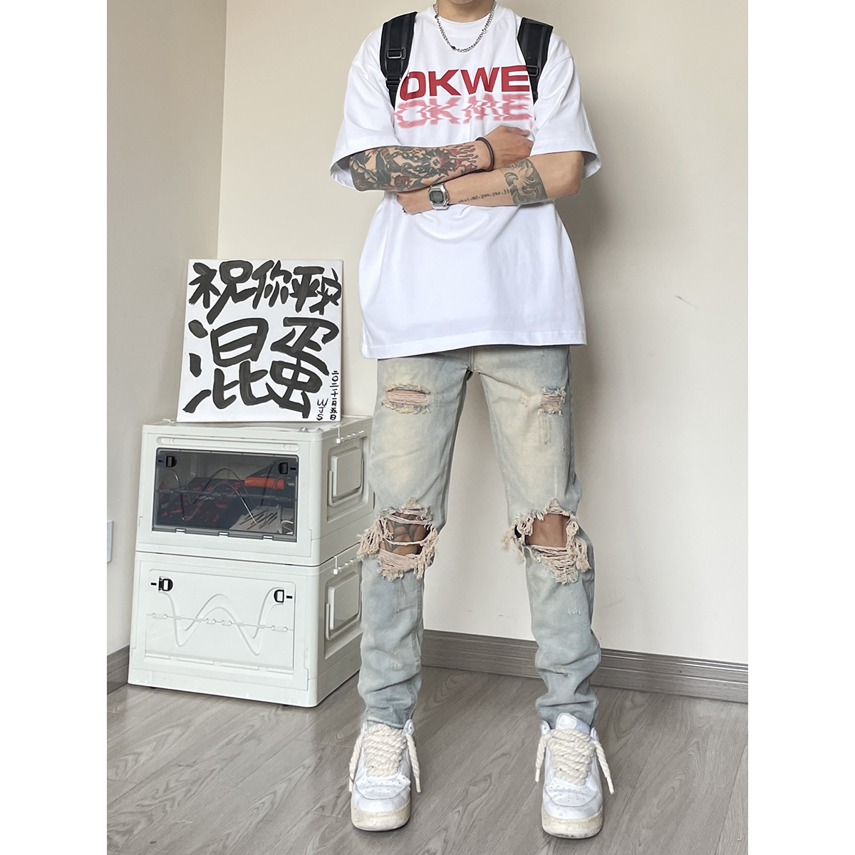 OK20*P60~直播数据款~春夏款复古猫须划破水洗破洞牛仔裤控88，男装牛仔裤，电商A007-3