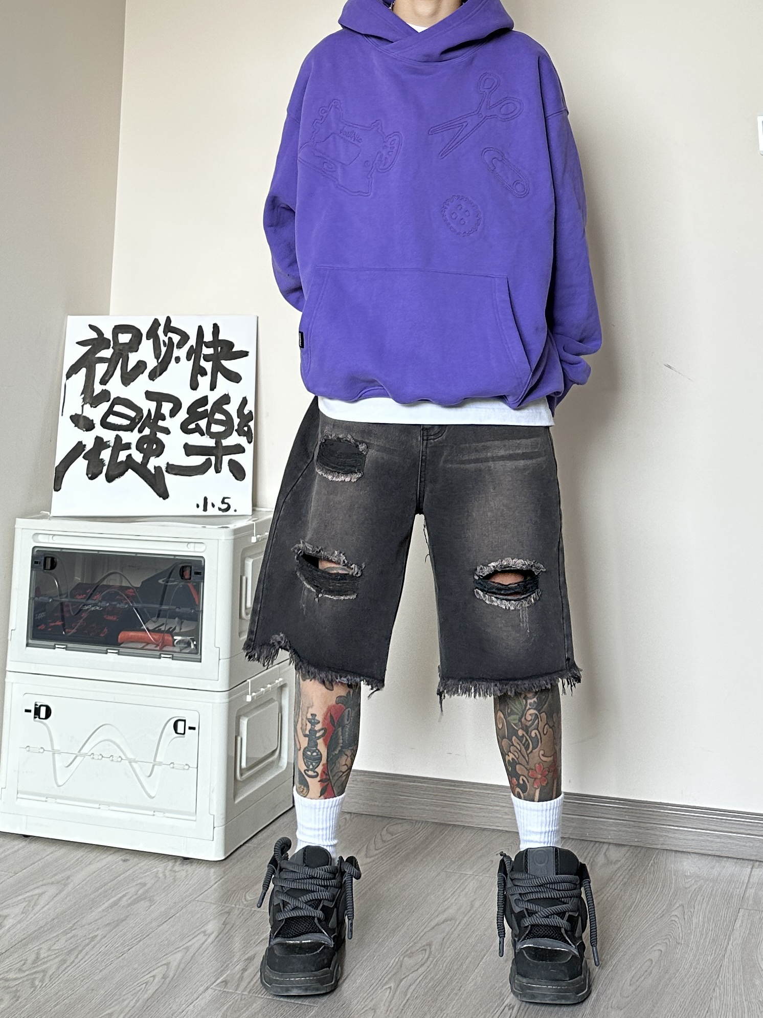 WH92*P48严选直播品质夏破洞水洗牛仔直筒宽松五分裤休闲短裤男，男装牛仔裤，电商A007-3