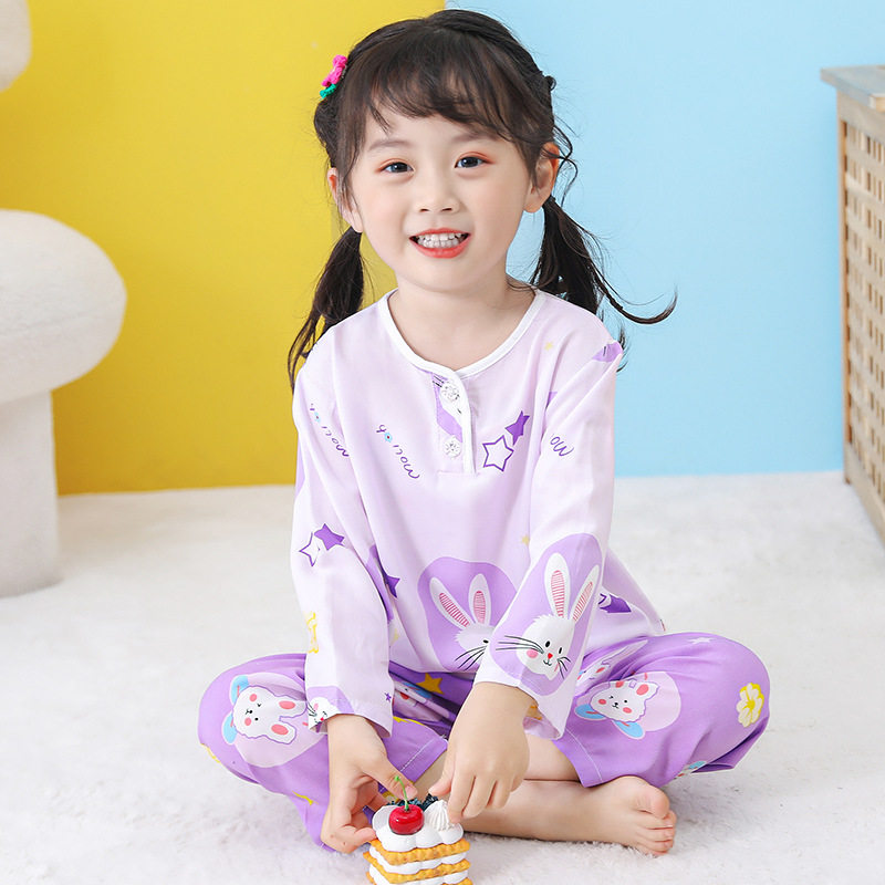 夏季棉绸儿童小孩睡衣套装薄款女童纯棉绸春秋家居服宝宝九分裤