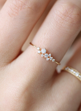 纯银镀14K金小钻戒指镶锆钻超闪纤细束戒指9个钻纤细戒指