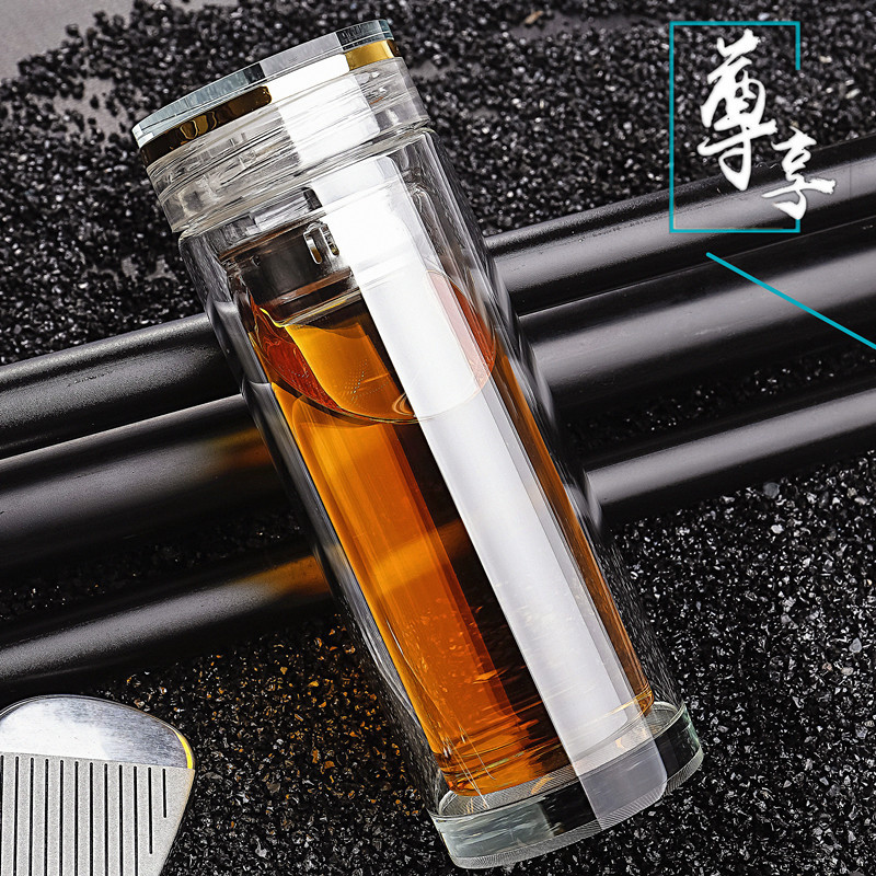 保温杯男款玻璃高山流水双层杯 透明水晶士商务茶杯礼品定制印log