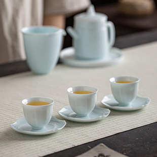 湖田窑影青功夫茶具三才盖碗家用泡茶壶办公室客厅泡茶杯壶承