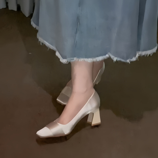 超软羊皮~法式粗跟绸缎高跟鞋女气质名媛方头温柔不累脚绝美单鞋
