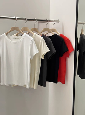 placor现韩国东大门2025夏季新款时尚百搭螺纹显瘦短袖T恤