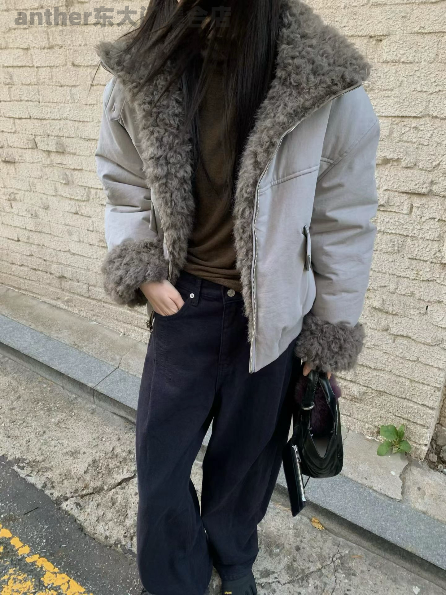 tempting韩国东大门2025年宽松休闲翻领羊羔毛皮毛一体派克服外套