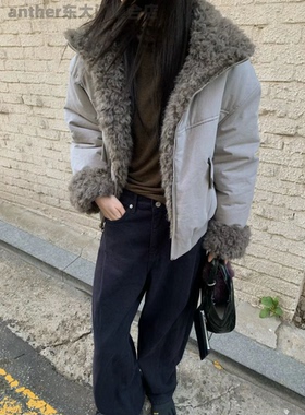 tempting韩国东大门2025年宽松休闲翻领羊羔毛皮毛一体派克服外套
