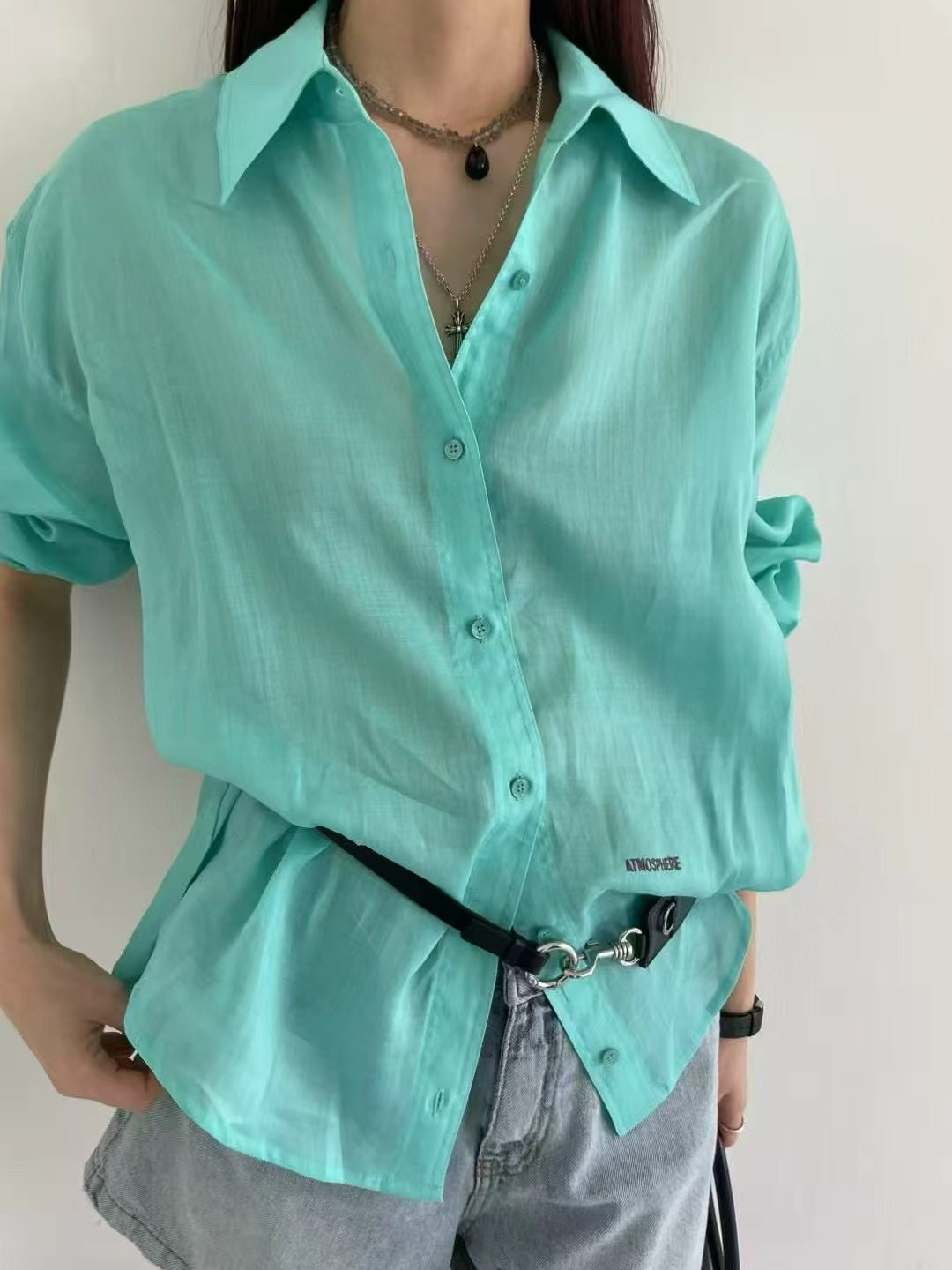 atmosphere现2025夏亚麻洋气百搭翻领刺绣字母轻薄防晒衬衫