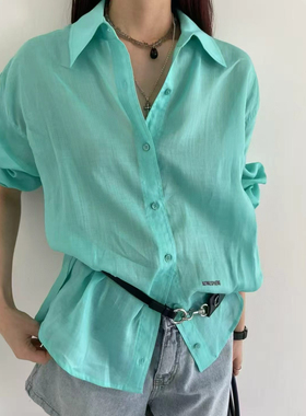 atmosphere现2025夏亚麻洋气百搭翻领刺绣字母轻薄防晒衬衫