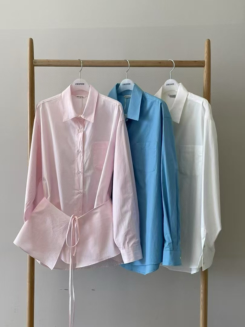 现货atmosphere韩国东大门2025春设计师款翻领单排扣衬衫上衣