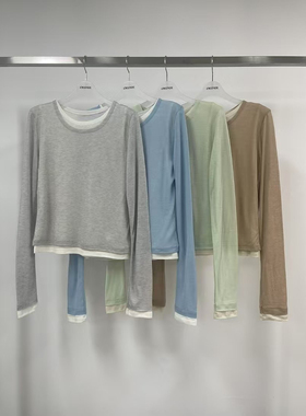 现 韩国东大门2025春夏atmosphere拼色假两件圆领修身打底长袖T恤