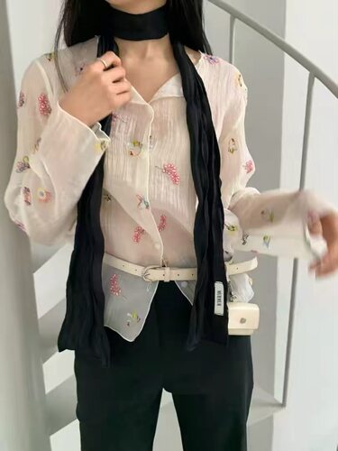 murmur现韩国东大门2026春季新款女装V领长袖刺绣衬衫女上衣