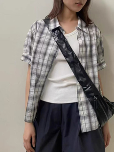 现货woodsage2025夏季新款时尚百搭纯色简约翻领格子短袖衬衫