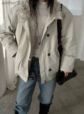 现forth韩国2025冬季宽松休闲连帽羊羔毛内里派克服外套