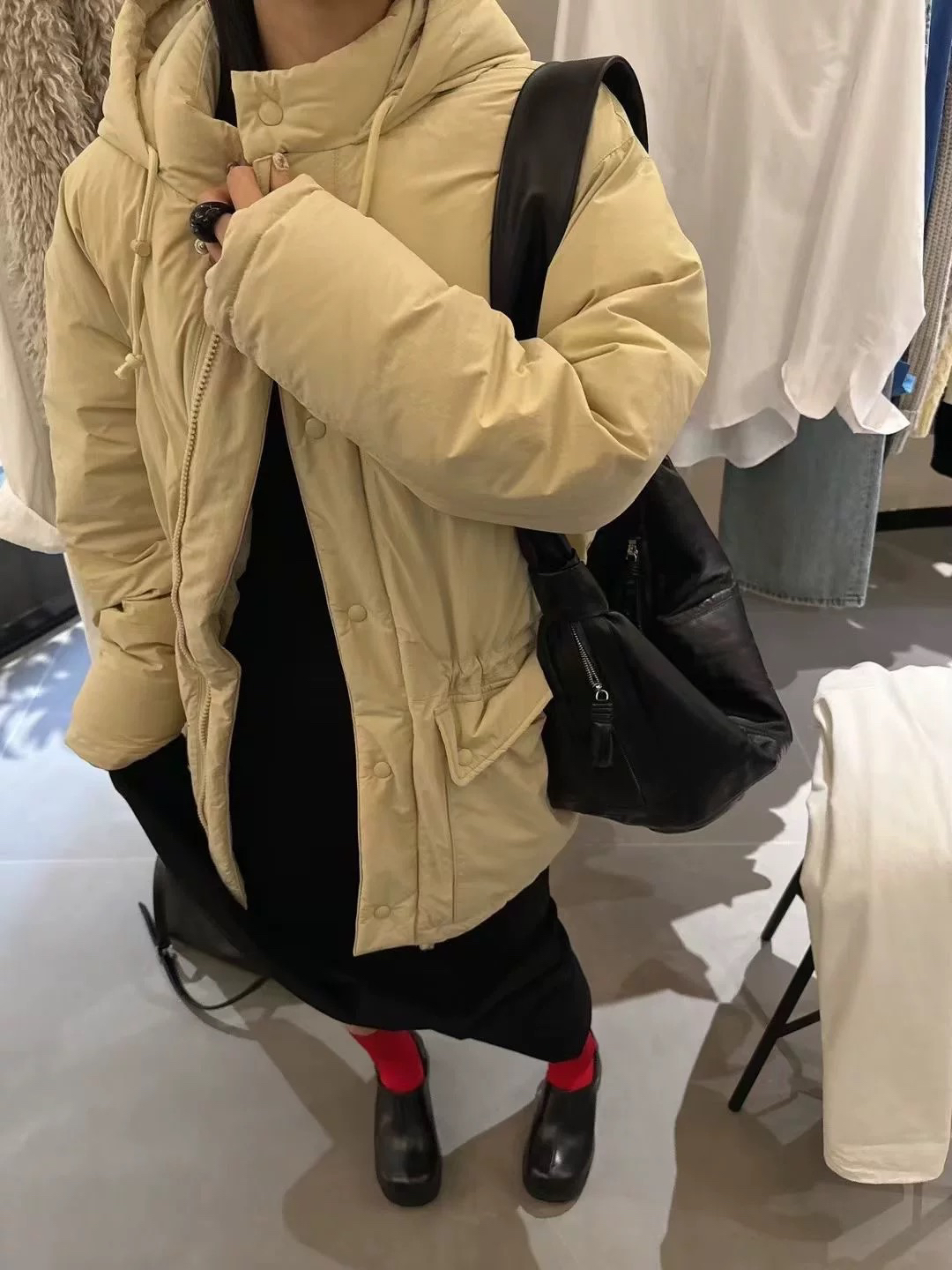现货韩国东大门river water2024秋冬百搭连帽抽绳加厚羽绒服