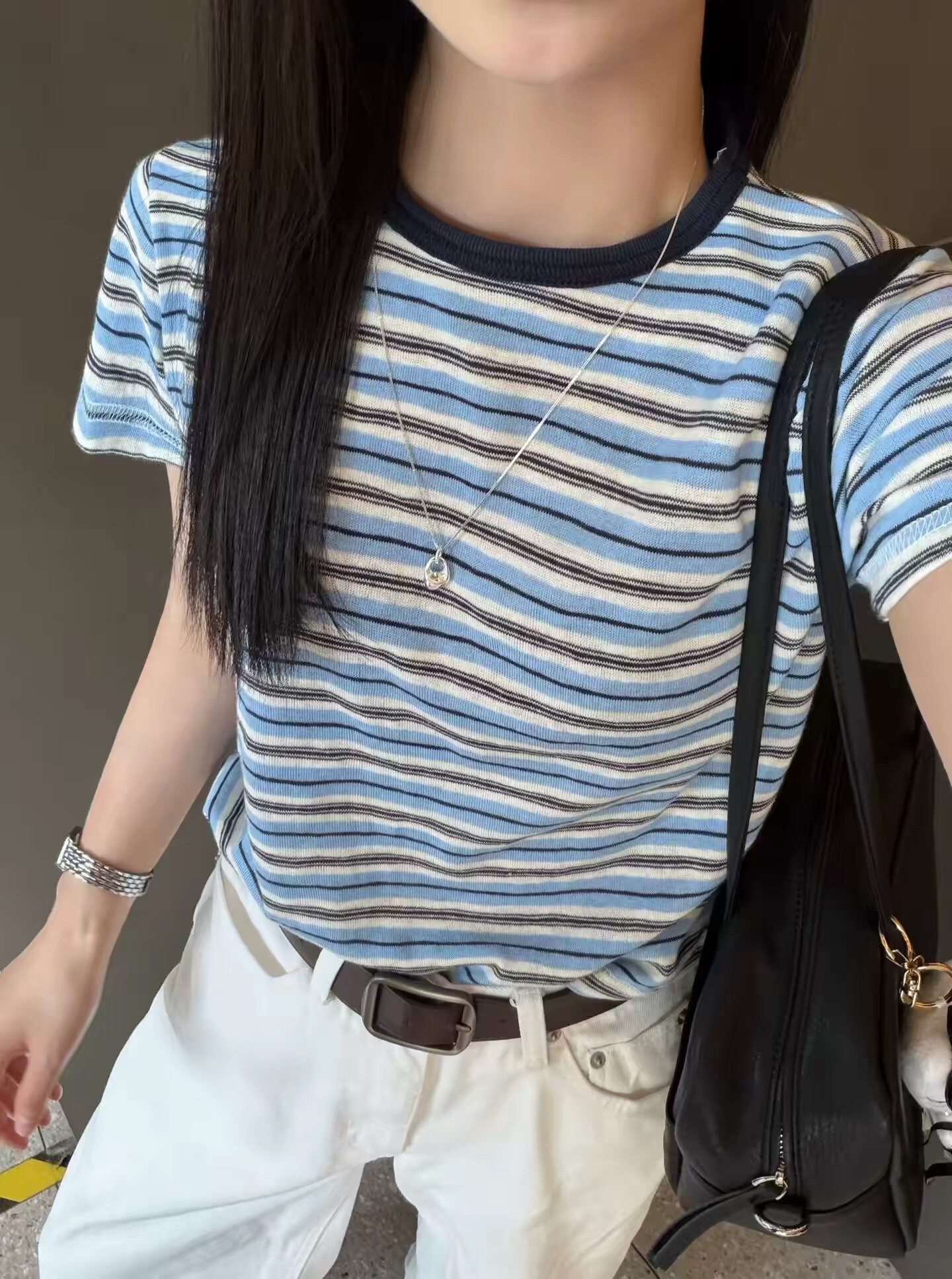 现project韩国东大门2026夏季新款百搭条纹圆领短袖T恤女