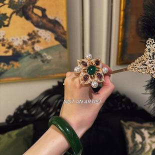 法式古着vintage西洋风镂空宝石仿琉璃珍珠浮夸张戒指可调节指环