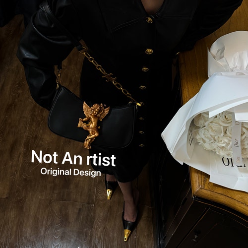 实拍欧美复古时髦搭配造旧古铜色倒模石膏立体天使短链条腋下包