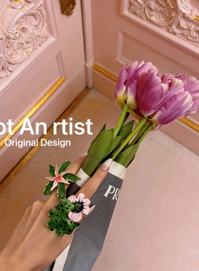 vintage油画风格法式复古手工滴油树叶花朵戒指夸张珐琅花卉指环