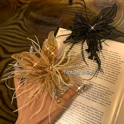 原创手工钉串珠闪片刺绣羽毛叠层花朵夸张大戒指仙女可调节指环