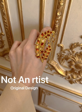 Vintage复刻法式风情琥珀色复古麦穗设计感流苏戒指小众时尚指环