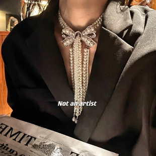 小众法式 优雅蝴蝶结珍珠水滴流苏项链毛衣链 浪漫小香夸张复古个性