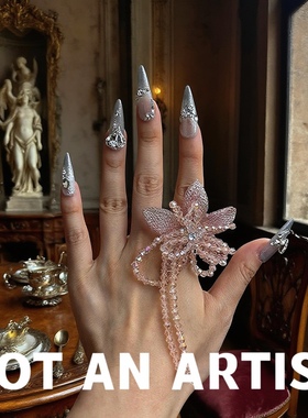 实拍罗马夏日度假风粉色刺绣花朵手工串珠水晶流水甜美小众戒指