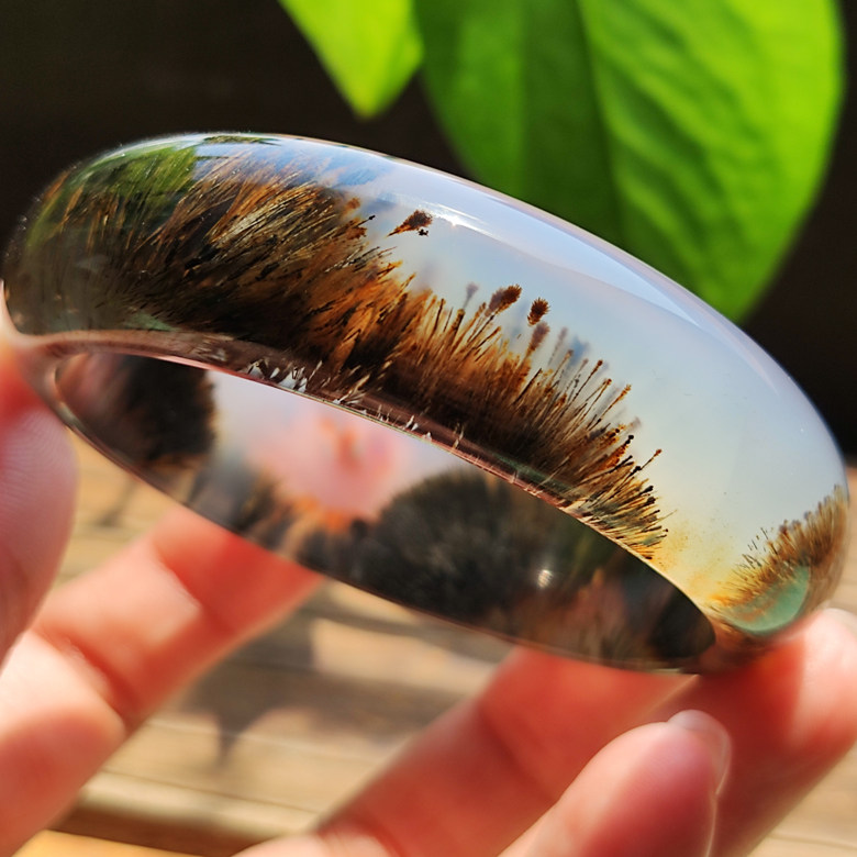 玛瑙印象纯天然发丝玛瑙手镯 稀缺彩色发丝开花 意境深远景观镯53