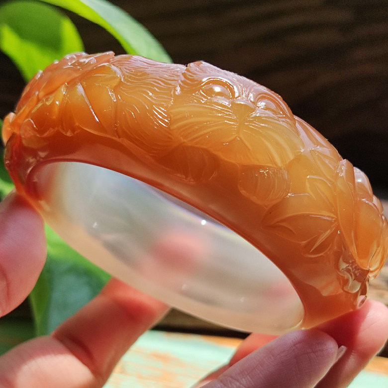 玛瑙印象 纯天然巴西老坑花料玛瑙雕刻手镯 耄耋富贵 吉祥可爱57