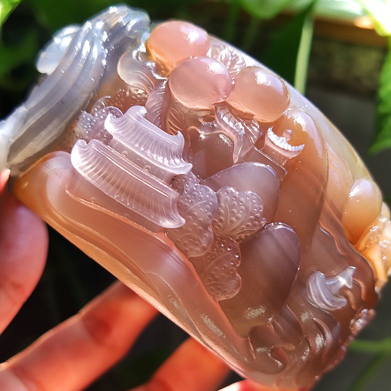 玛瑙印象 纯天然稀有蓝粉色玛瑙雕刻手镯 藏品级雕工 高档加宽60