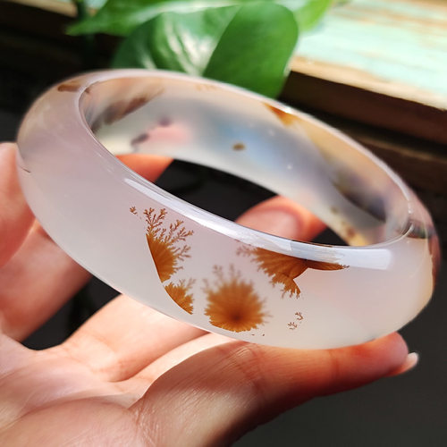 春意盎然 纯天然马达加斯加精品草花玛瑙手镯 高冰清透花型完整59