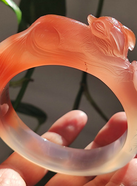 玛瑙印象 桃花粉小狐狸 天然巴西粉玛瑙雕刻手镯精工灵动九尾狐62