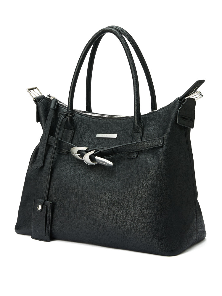 Black leather handbag with top handles and shoulder strap