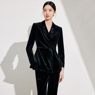 AD黑色丝绒西装套装女2024秋冬新款轻奢高级感职业正装系带小西服