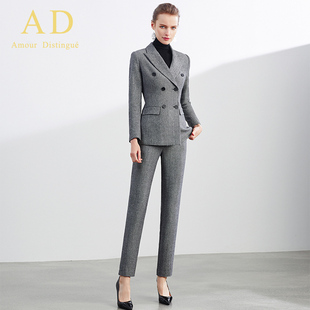 套裤 女套装 时尚 气质正装 OL人字纹高级感职业装 AD秋冬羊毛灰色西装