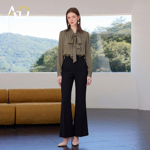 AD橄榄绿飘带衬衫套裤女夏2026新款高级感显瘦职场通勤气质一整套