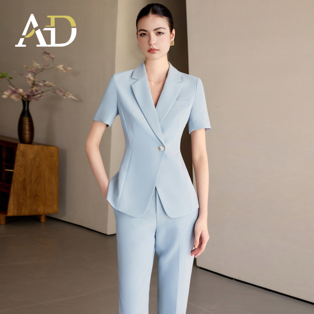 AD蓝色短袖西装套装女高级感2025新款工作服小个子通勤西装夏