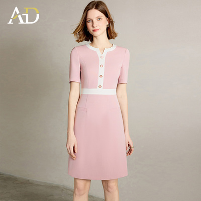 AD粉色垫肩短袖连衣裙气质西装裙